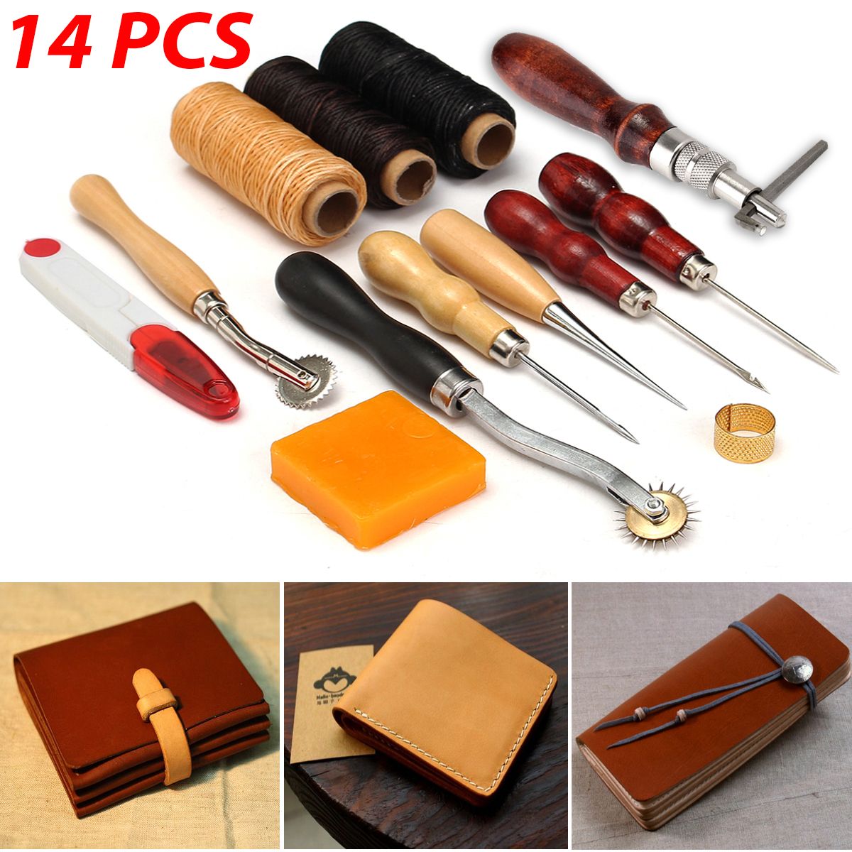 14-Pcs-Leather-Craft-Tool-Set-Handmade-DIY-Tools-Kit-Hand-Stitching-Sewing-Thread-Awl-Thimble-1151892