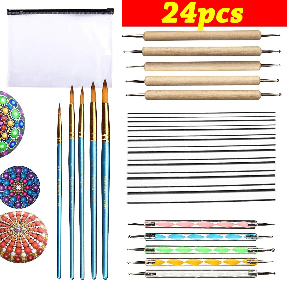 24pcs-Mandala-Dotting-Tools-Rock-Painting-Kit-Dot-nail-Art-Pen-Paint-Stencil-1530926