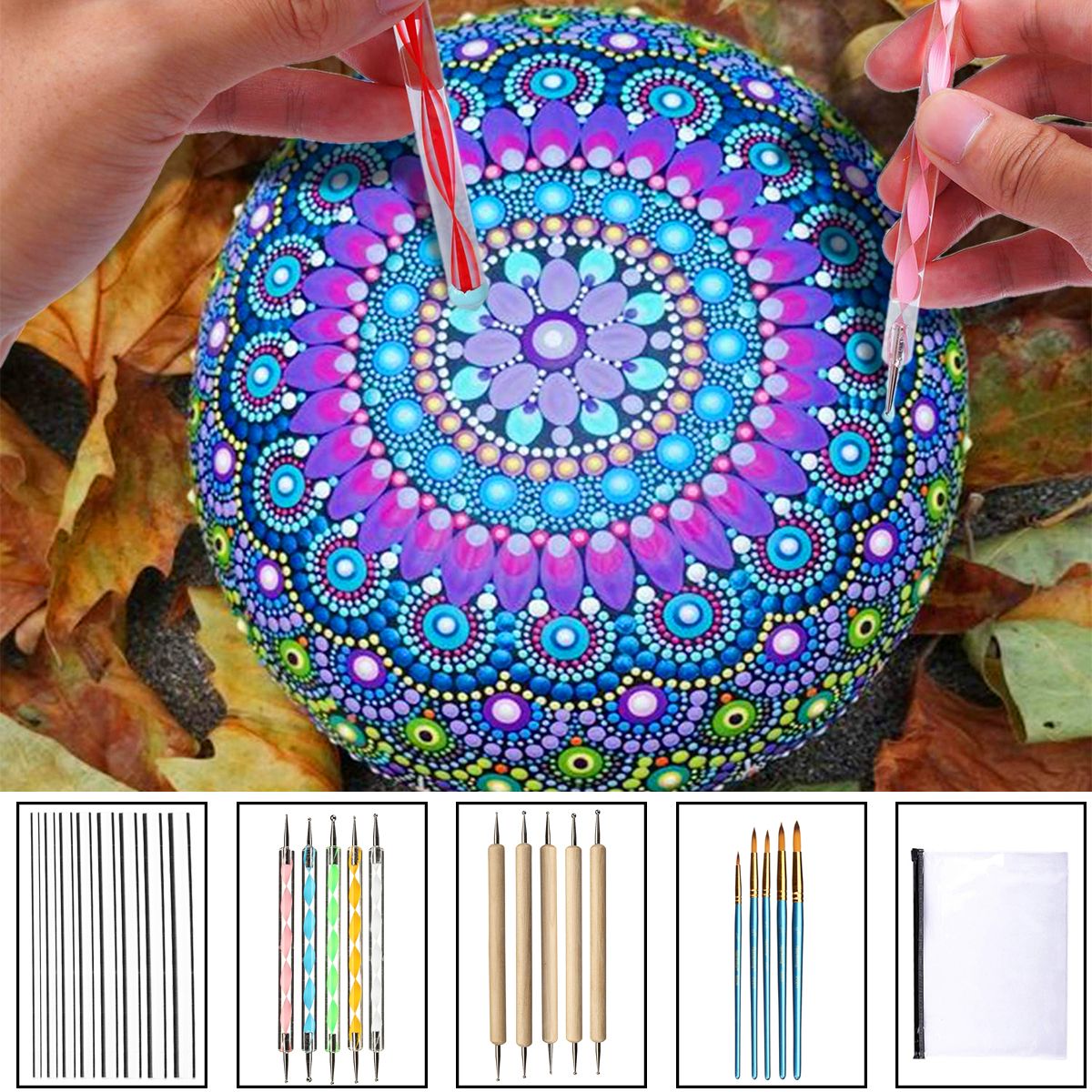 24pcs-Mandala-Dotting-Tools-Rock-Painting-Kit-Dot-nail-Art-Pen-Paint-Stencil-1530926