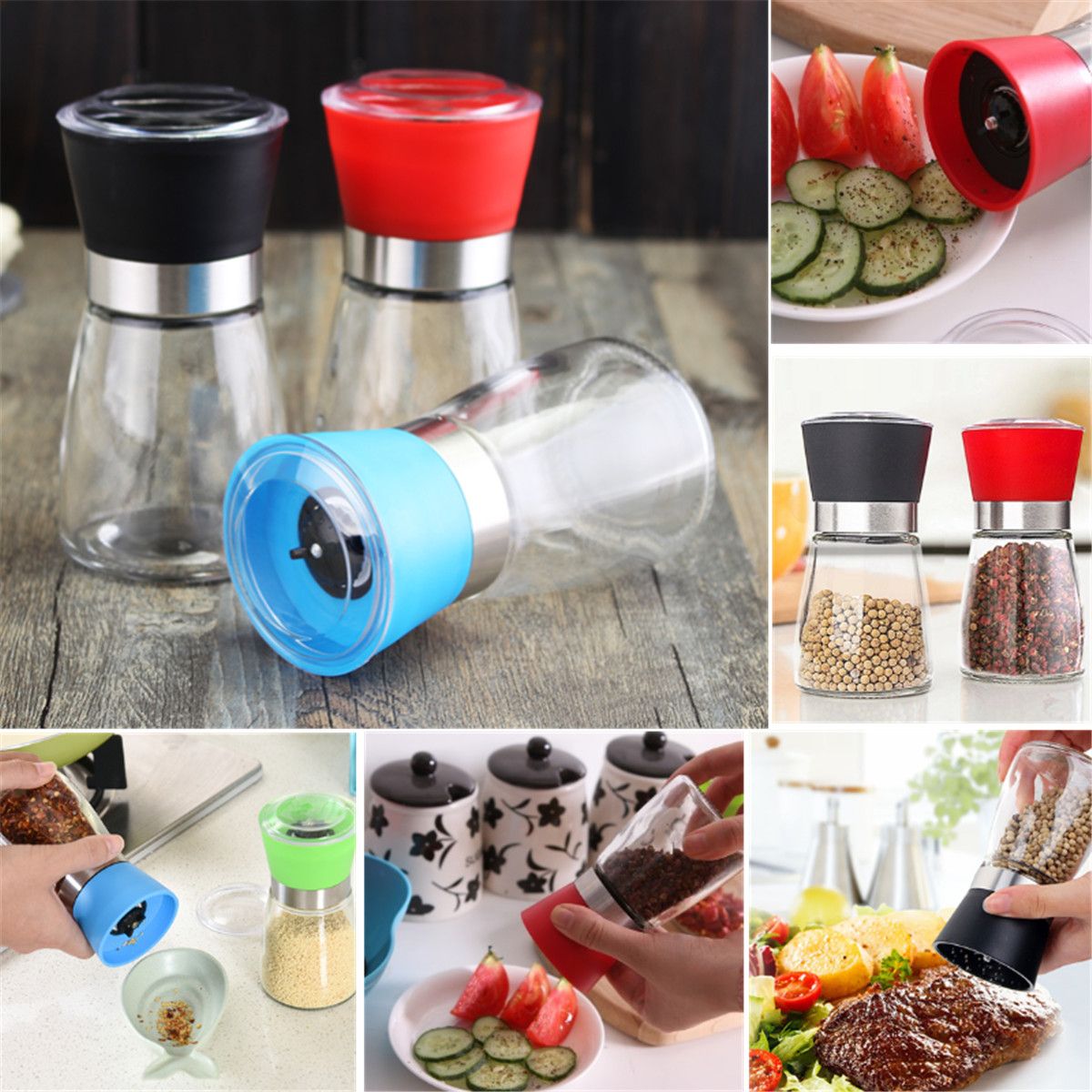 65times13cm-Stainless-Steel-Manual-Brushed-Salt-Mill-Pepper-Grinder-Set-Glass-Bottles-1283969