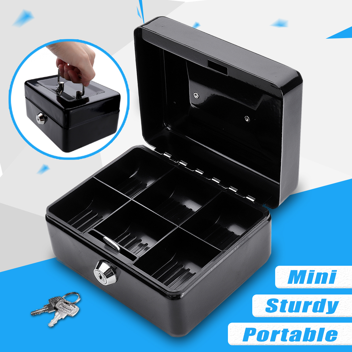 Mini-Portable-Money-Safe-Storage-Case-Black-Sturdy-Metal-With-Coin-Tray-Cash-Carry-Box-1346714