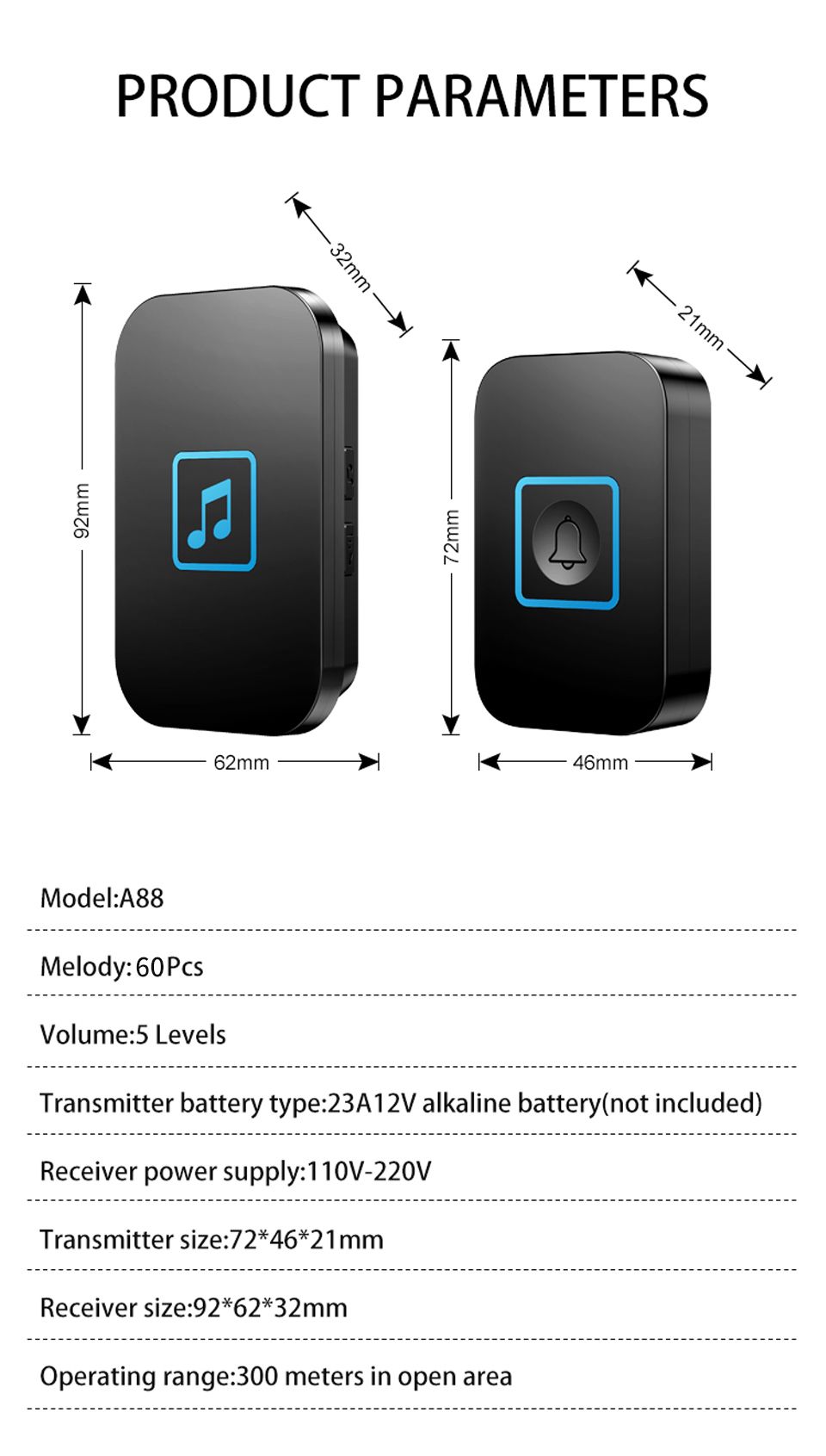 CACAZI-Wireless-Doorbell-Waterproof-300M-Remote-Battery-2-Button-1-Receiver-Intelligent-Home-Calling-1630693