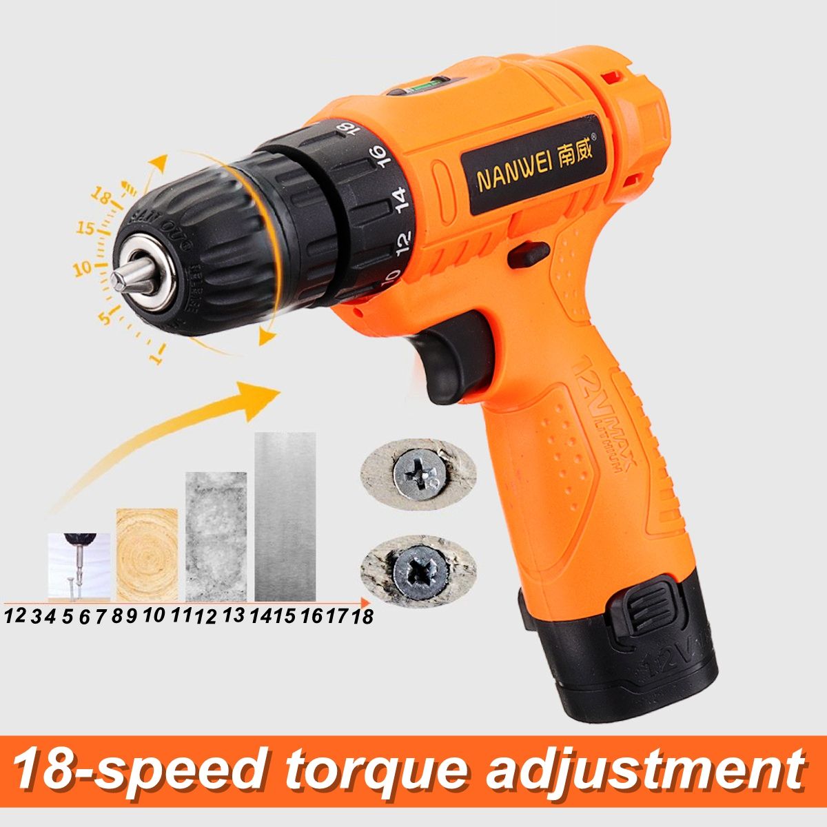 12V-18-Torque-Electric-Cordless-Drill-LED-Lighting-Rechargable-12-Li-Ion-Battery-Single-Speed-Power--1411909