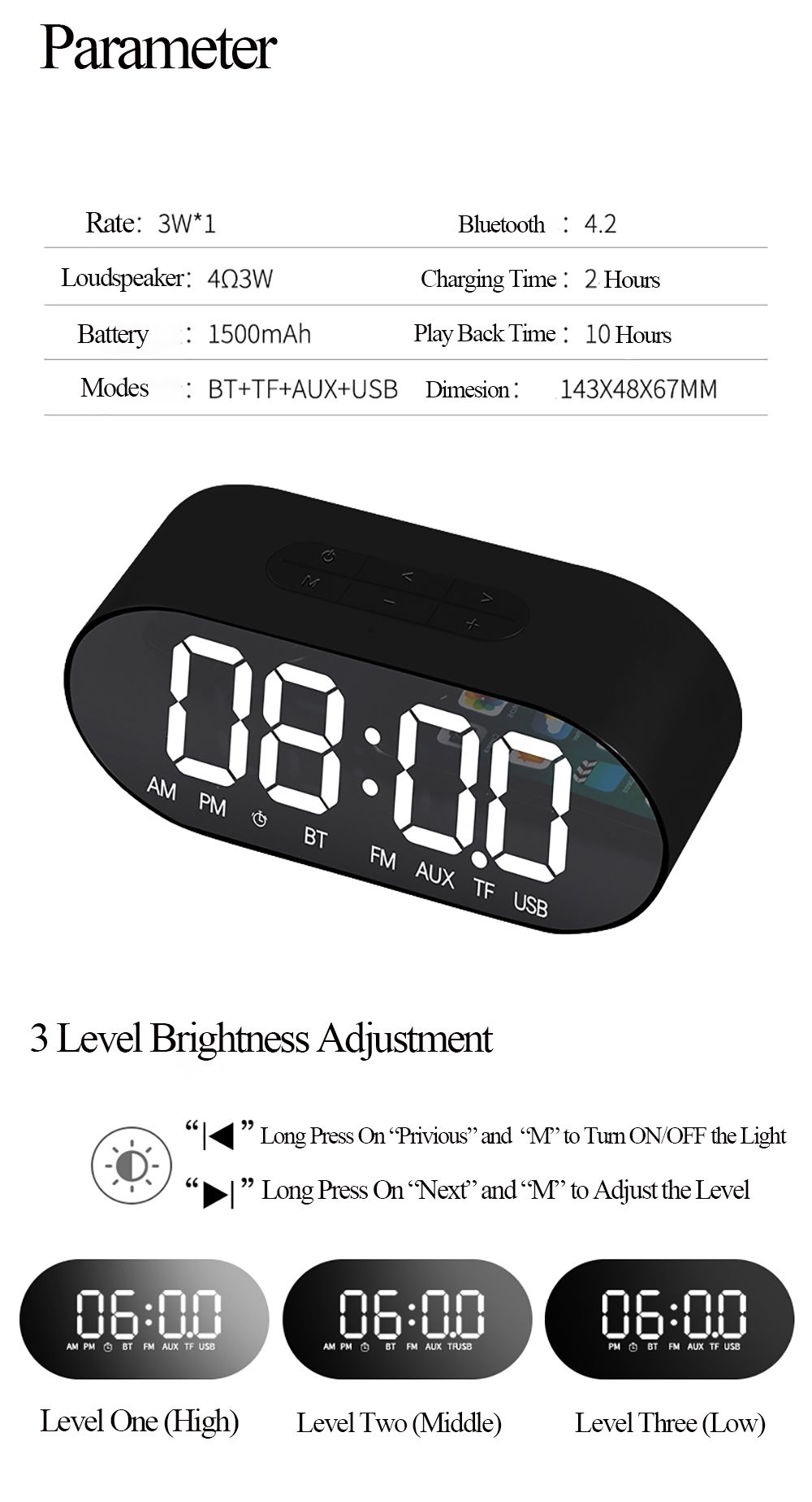 Bakeey-P1-Portable-Wireless-bluetooth-Speaker-LED-Display-Mirror-Alarm-Clock-Subwoofer-with-Mic-1629556