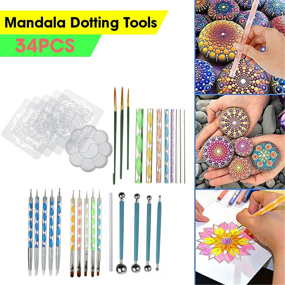 34pcs-Mandala-Dotting-Tools-SET-Rock-stone-dot-Art-Painting-Pen-Paint-Stencil-1688982