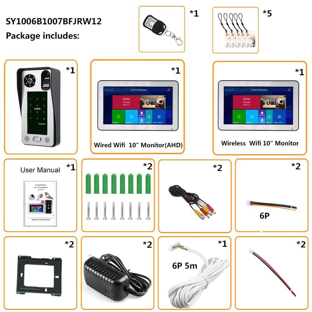 ENNIO-10-inch--2-Monitors-Wired-Wifi-Fingerprint-IC-Card--Video-Door-Doorbell-Intercom-System-with-A-1645990