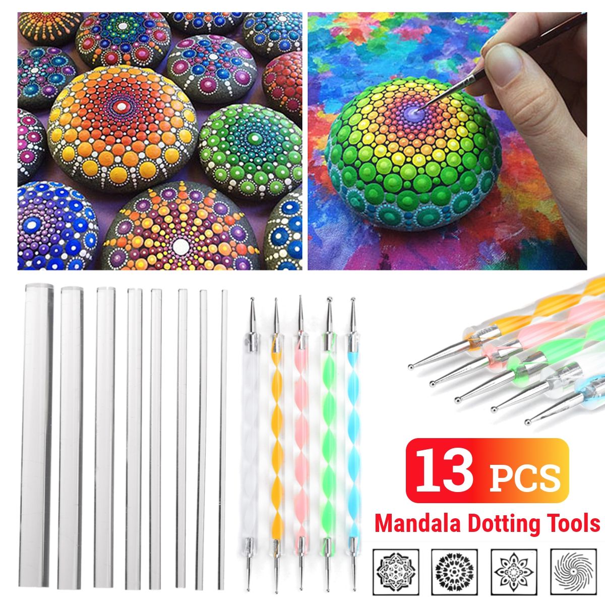 13Pcs-Mandala-Dotting-Tools-Set-Rock-Painting-Kit-Nail-Art-Pen-Paint-Stencil-1687373